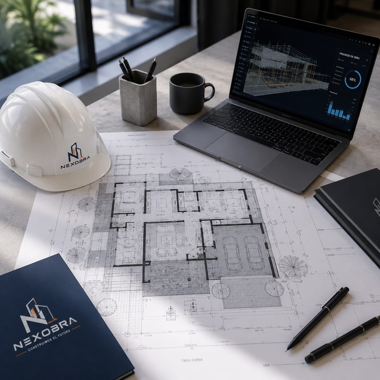Mesa de trabajo con planos arquitectónicos, casco de seguridad y computador