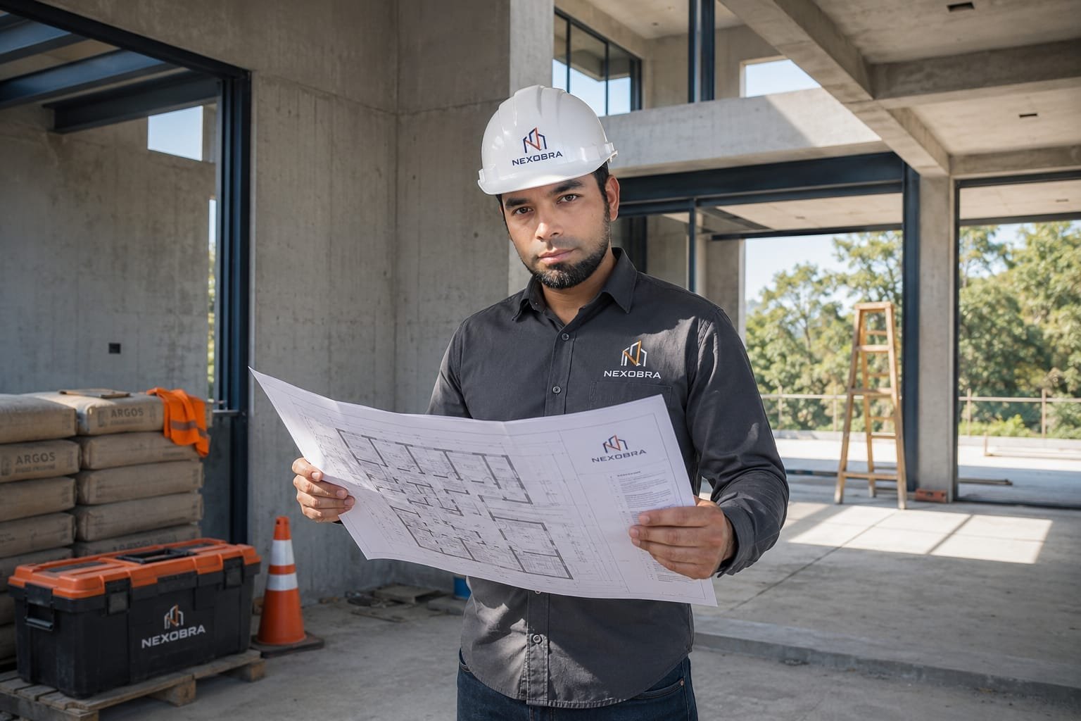 Profesional de NEXOBRA revisando planos dentro de una obra